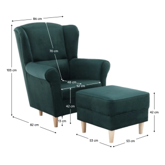 Křeslo ušák WANGI s taburetem, smaragdová