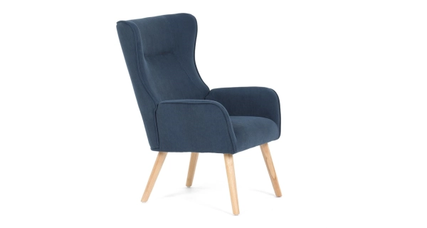 Křeslo WELQUINFEN, modrá manšestrová látka, masiv kaučukovník