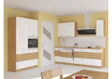 Kuchyně MEADOW 230 + 120 cm, korpus: dub artisan, dvířka: bílý lesk, dub artisan