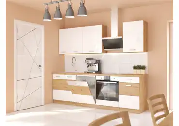 Kuchyně MEADOW 250/190 cm, korpus: dub artisan, dvířka: bílý lesk, dub artisan