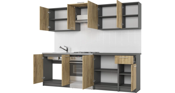 Kuchyně MINOUS 180/240 cm, korpus: antracit, dvířka: dub craft