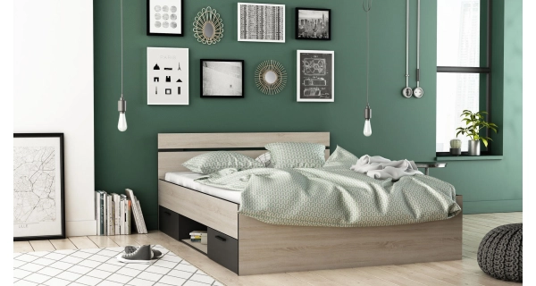 LETENYE, postel 140x190 cm, dub kartáčovaný/černá mat