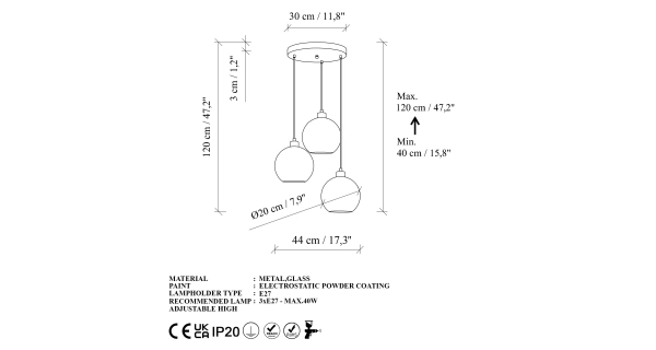 Lustr FERLAN 3xE27 44x40-120 cm, černá/modrá