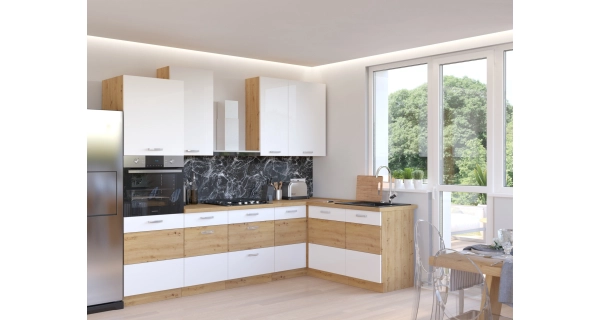 MEADOW, skříňka dolní rohová 89x89 DN 1F BB, korpus: dub artisan, dvířka: bílý lesk, dub artisan