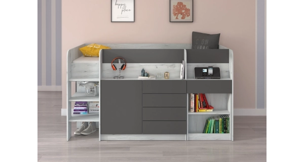 Multifunkční patrová postel ANSBERT, levá, craft bílý/grafit, 5 let záruka