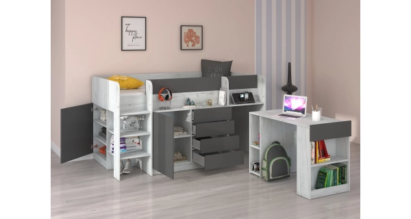 Multifunkční patrová postel ANSBERT, levá, craft bílý/grafit, 5 let záruka