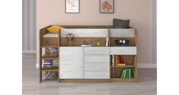 Multifunkční patrová postel ANSBERT, levá, craft zlatý/craft bílý, 5 let záruka