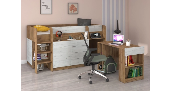 Multifunkční patrová postel ANSBERT, levá, craft zlatý/craft bílý, 5 let záruka