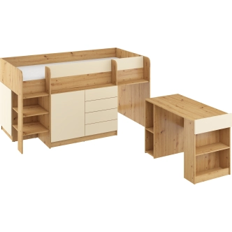 Multifunkční patrová postel ANSBERT, levá, dub artisan/krém, 5 let záruka