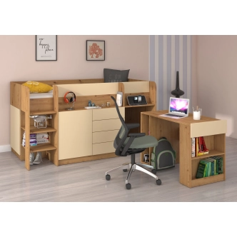 Multifunkční patrová postel ANSBERT, levá, dub artisan/krém, 5 let záruka