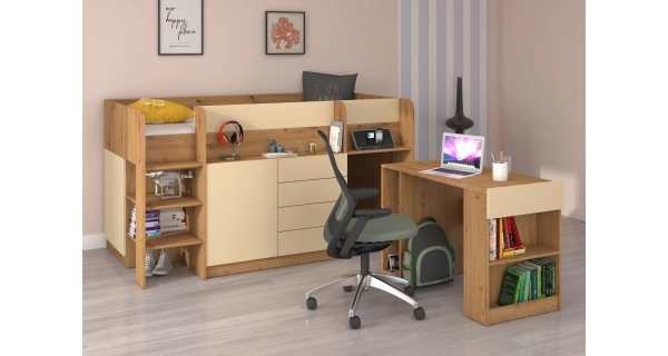 Multifunkční patrová postel ANSBERT, levá, dub artisan/krém, 5 let záruka