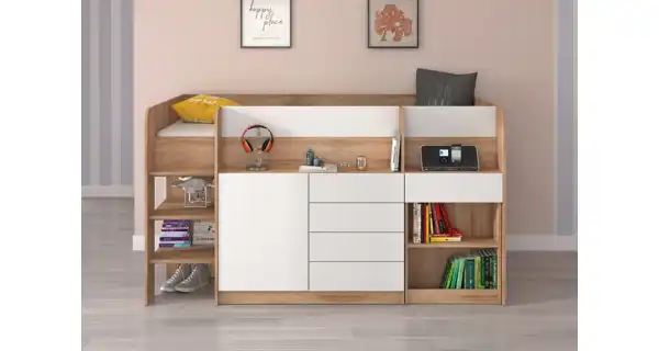 Multifunkční patrová postel ANSBERT, levá, dub sonoma/bílá