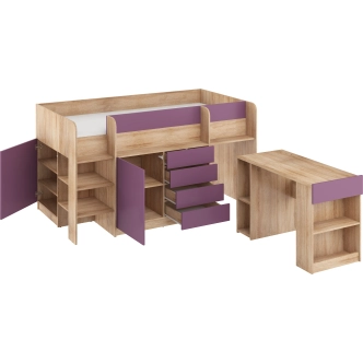 Multifunkční patrová postel ANSBERT, levá, dub sonoma/fialová, 5 let záruka