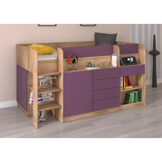 Multifunkční patrová postel ANSBERT, levá, dub sonoma/fialová, 5 let záruka