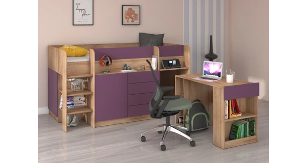 Multifunkční patrová postel ANSBERT, levá, dub sonoma/fialová, 5 let záruka