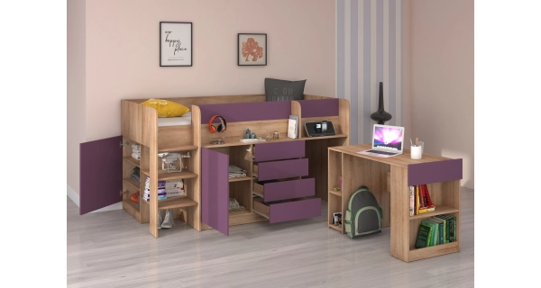 Multifunkční patrová postel ANSBERT, levá, dub sonoma/fialová, 5 let záruka