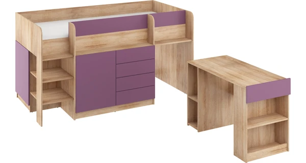 Multifunkční patrová postel ANSBERT, levá, dub sonoma/fialová