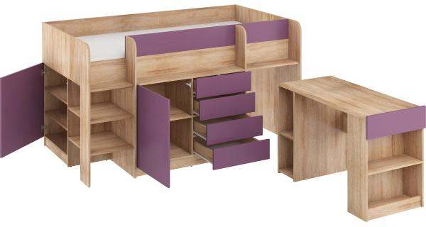 Multifunkční patrová postel ANSBERT, levá, dub sonoma/fialová