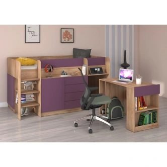 Multifunkční patrová postel ANSBERT, levá, dub sonoma/fialová
