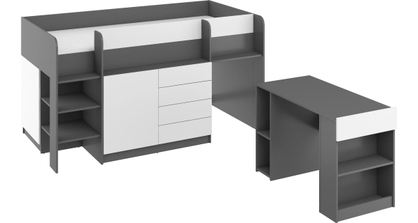 Multifunkční patrová postel ANSBERT, levá, grafit/bílá, 5 let záruka