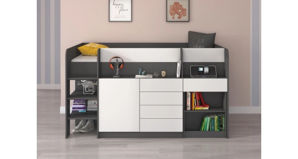 Multifunkční patrová postel ANSBERT, levá, grafit/bílá, 5 let záruka