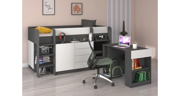 Multifunkční patrová postel ANSBERT, levá, grafit/bílá, 5 let záruka