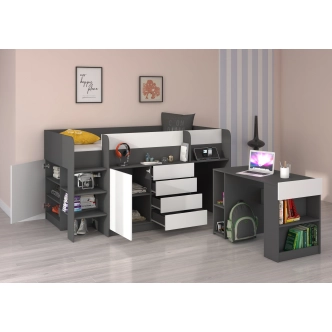 Multifunkční patrová postel ANSBERT, levá, grafit/bílá, 5 let záruka