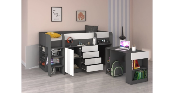 Multifunkční patrová postel ANSBERT, levá, grafit/bílá, 5 let záruka