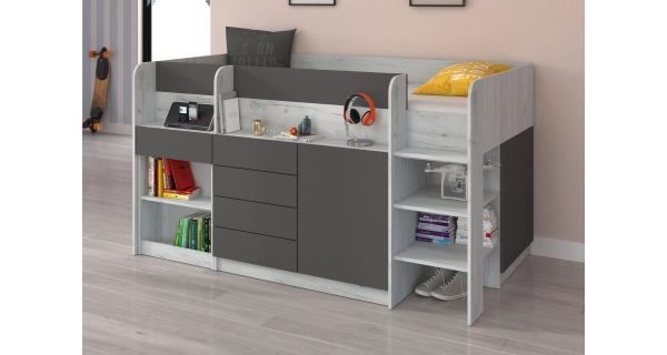 Multifunkční patrová postel ANSBERT, pravá, craft bílý/grafit, 5 let záruka