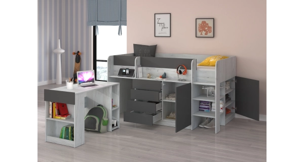 Multifunkční patrová postel ANSBERT, pravá, craft bílý/grafit, 5 let záruka