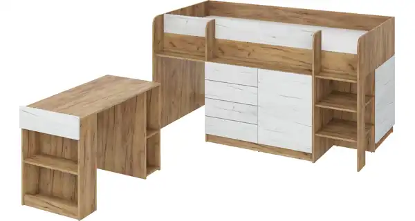 Multifunkční patrová postel ANSBERT, pravá, craft zlatý/craft bílý, 5 let záruka