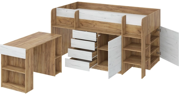 Multifunkční patrová postel ANSBERT, pravá, craft zlatý/craft bílý, 5 let záruka