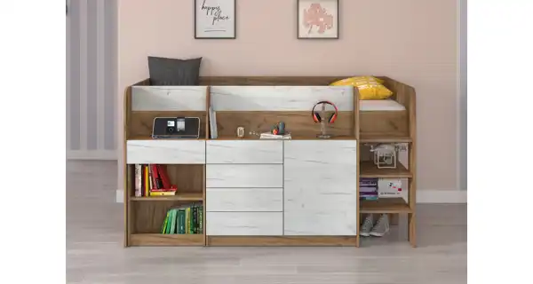 Multifunkční patrová postel ANSBERT, pravá, craft zlatý/craft bílý