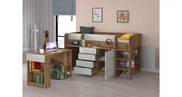 Multifunkční patrová postel ANSBERT, pravá, craft zlatý/craft bílý