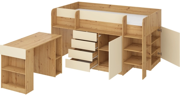 Multifunkční patrová postel ANSBERT, pravá, dub artisan/krém, 5 let záruka