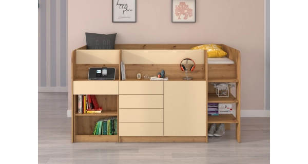 Multifunkční patrová postel ANSBERT, pravá, dub artisan/krém, 5 let záruka