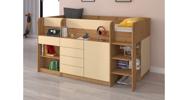 Multifunkční patrová postel ANSBERT, pravá, dub artisan/krém, 5 let záruka