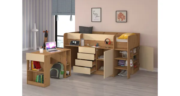 Multifunkční patrová postel ANSBERT, pravá, dub artisan/krém