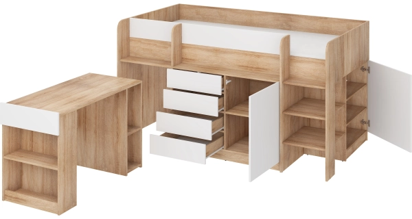 Multifunkční patrová postel ANSBERT, pravá, dub sonoma/bílá, 5 let záruka