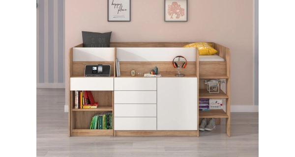Multifunkční patrová postel ANSBERT, pravá, dub sonoma/bílá, 5 let záruka