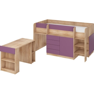 Multifunkční patrová postel ANSBERT, pravá, dub sonoma/fialová, 5 let záruka