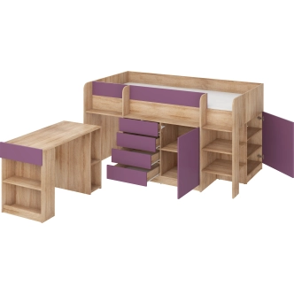 Multifunkční patrová postel ANSBERT, pravá, dub sonoma/fialová, 5 let záruka