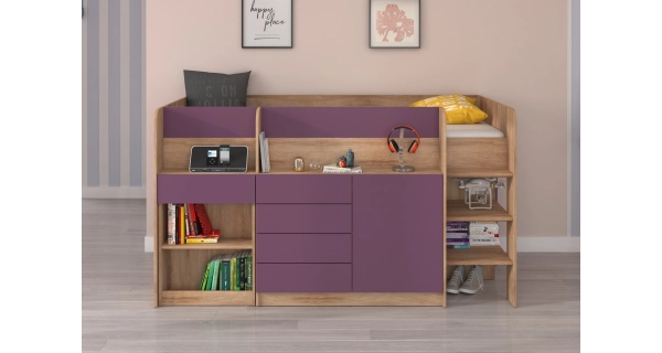 Multifunkční patrová postel ANSBERT, pravá, dub sonoma/fialová, 5 let záruka