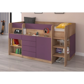 Multifunkční patrová postel ANSBERT, pravá, dub sonoma/fialová, 5 let záruka