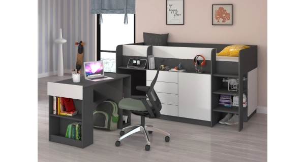 Multifunkční patrová postel ANSBERT, pravá, grafit/bílá, 5 let záruka