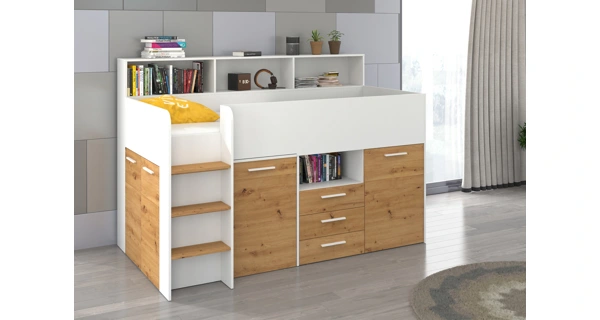 Multifunkční patrová postel DAGOBERT, levá, bílá/dub artisan