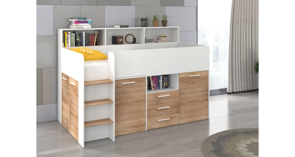 Multifunkční patrová postel DAGOBERT, levá, bílá/dub sonoma, 5 let záruka