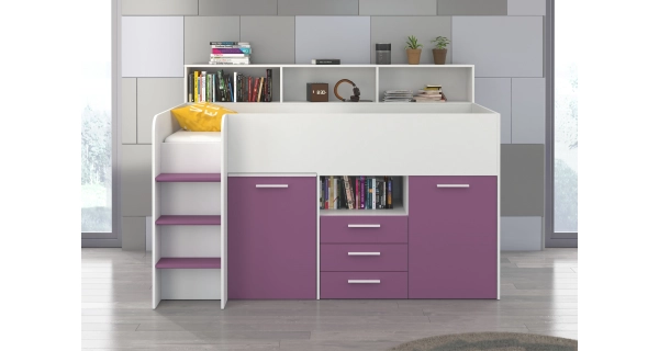 Multifunkční patrová postel DAGOBERT, levá, bílá/levandulová, 5 let záruka