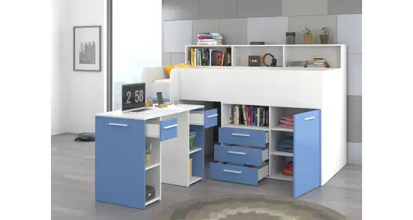 Multifunkční patrová postel DAGOBERT, levá, bílá/sv. modrá