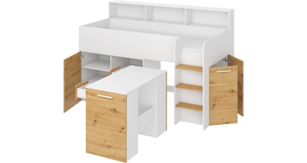 Multifunkční patrová postel DAGOBERT, pravá, bílá/dub artisan, 5 let záruka